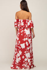 Rust Floral Overlay Off-Shoulder Side Slit Maternity Maxi Dress