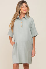 Light Olive Linen Front Button Collared Maternity Dress