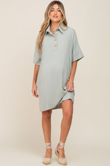 Light Olive Linen Front Button Collared Maternity Dress