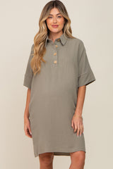 Sage Linen Front Button Collared Maternity Dress