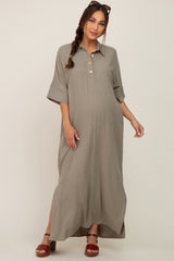 Olive Collared Linen Maternity Maxi Dress