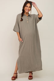 Olive Collared Linen Maternity Maxi Dress