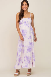 Lavender Floral Sleeveless Smocked Maternity Maxi Dress