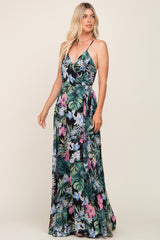 Black Tropical Floral Chiffon Wrap Front Maxi Dress