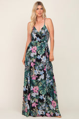 Black Tropical Floral Chiffon Wrap Front Maxi Dress