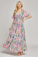 Pink Multi-Color Floral Ruffle Maxi Dress