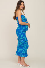 Blue Floral Smocked Drawstring Front Cutout Ruffle Trim Maternity Midi Dress