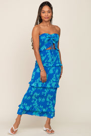 Blue Floral Smocked Drawstring Front Cutout Ruffle Trim Midi Dress