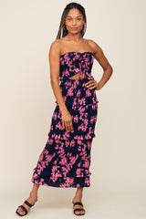 Navy Blue Floral Smocked Drawstring Front Cutout Ruffle Trim Midi Dress