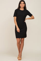 Black Ribbed Basic Short Sleeve Maternity Dress