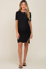 Black Ribbed Basic Short Sleeve Maternity Dress