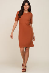 Rust Ribbed Basic Short Sleeve Maternity Dress