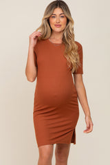 Rust Ribbed Basic Short Sleeve Maternity Dress