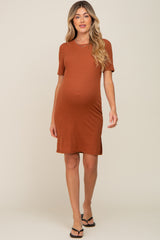 Rust Ribbed Basic Short Sleeve Maternity Dress