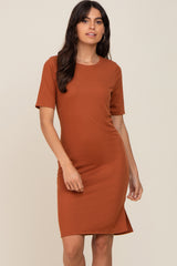 Rust Ribbed Basic Short Sleeve Dress