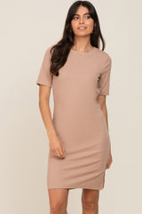 Taupe Ribbed Basic Short Sleeve Maternity Dress