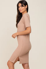 Taupe Ribbed Basic Short Sleeve Dress