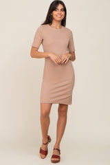 Taupe Ribbed Basic Short Sleeve Dress