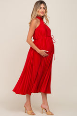 Red Pleated Maternity Halter Dress