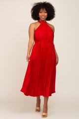 Red Pleated Maternity Halter Dress