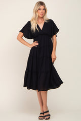 Black Ruffle Tiered V-Neck Midi Dress