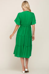 Green Ruffle Tiered V-Neck Midi Dress