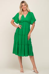 Green Ruffle Tiered V-Neck Midi Dress