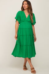 Green Ruffle Tiered V-Neck Maternity Midi Dress