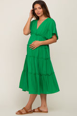 Green Ruffle Tiered V-Neck Maternity Midi Dress