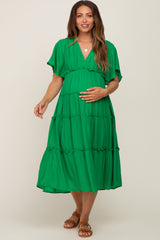 Green Ruffle Tiered V-Neck Maternity Midi Dress