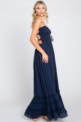 Navy Smocked Cutout Back Maxi Dress