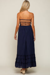 Navy Smocked Cutout Back Maternity Maxi Dress