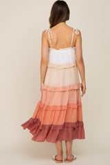 Peach Ombre Ruffle Tiered Shoulder Tie Maternity Midi Dress