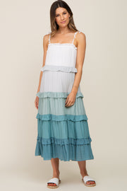 Blue Ombre Ruffle Tiered Shoulder Tie Maternity Midi Dress