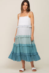 Blue Ombre Ruffle Tiered Shoulder Tie Maternity Midi Dress