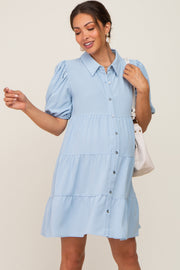 Light Blue Collared Button Front Tiered Maternity Dress