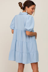 Light Blue Collared Button Front Tiered Maternity Dress