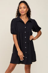 Black Collared Button Front Tiered Maternity Dress