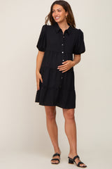 Black Collared Button Front Tiered Maternity Dress