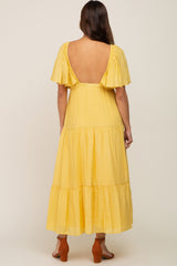 Yellow Textured Stripe Deep V-Neck Layered Sleeve Maternity Maxi Dress