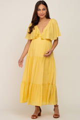 Yellow Textured Stripe Deep V-Neck Layered Sleeve Maternity Maxi Dress