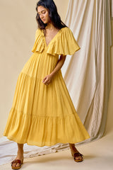 Yellow Textured Stripe Deep V-Neck Layered Sleeve Maternity Maxi Dress