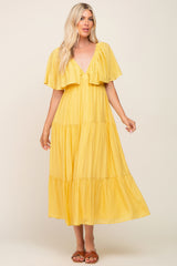 Yellow Textured Stripe Deep V-Neck Layered Sleeve Maxi Dress