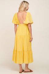 Yellow Textured Stripe Deep V-Neck Layered Sleeve Maxi Dress