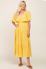 Yellow Textured Stripe Deep V-Neck Layered Sleeve Maxi Dress