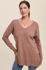 Mocha Oversized Knit Side Slit Maternity Top