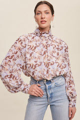 Brown Leaf Print Mock Neck Long Sleeve Blouse