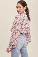 Brown Leaf Print Mock Neck Long Sleeve Blouse