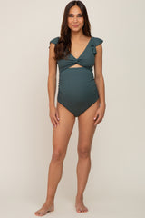 Green Ribbed Cutout Flutter One Piece Maternity Swimsuit