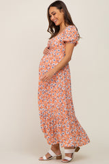 Coral Floral Sweetheart Drawstring Neck Short Sleeve Maternity Midi Dress